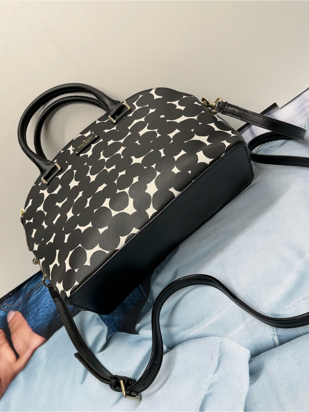 (new+tag) Kate Spade Leather Carli Polka Dot Black White Graphic Dome Satchel - Picture 6 of 12